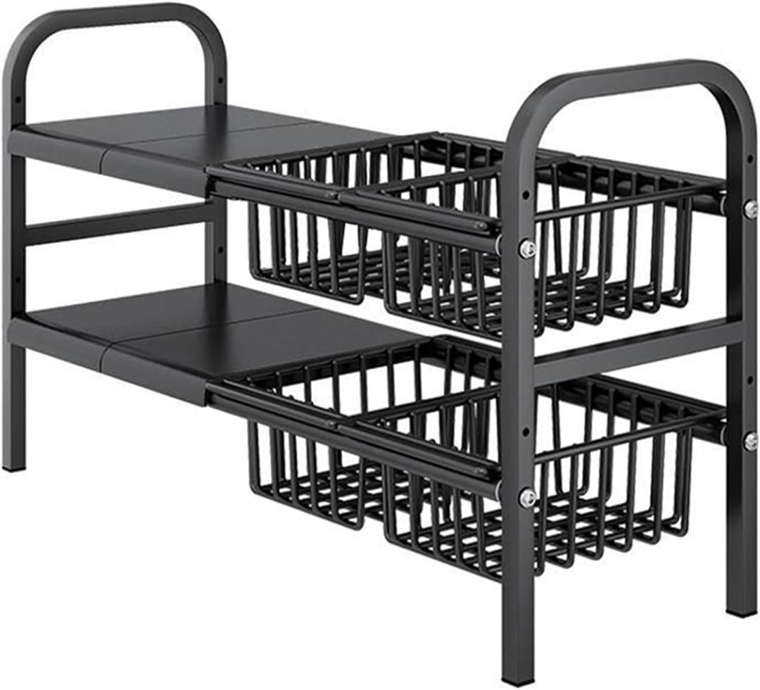 Under Sink Organizers, 2 Tier Stretchable Cabinet Shelf Organizer with 4 Removable Panels and 4 Under Shelf Basket for Under Bathroom Storage,Under Cabinet Shelves,kitchen Sink Storage Rack (black), Large