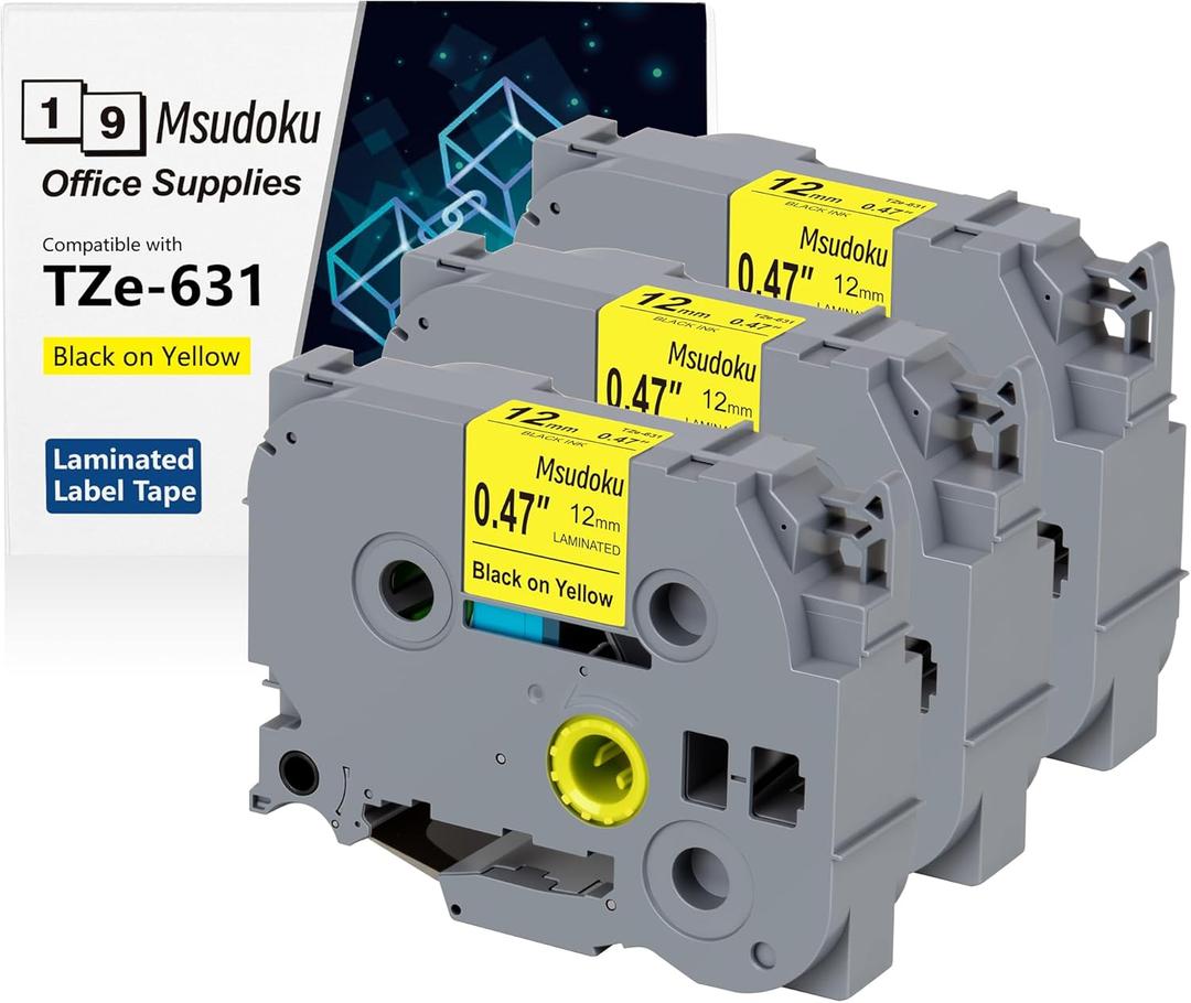 Tze Tz Tape 12mm 0.47 Laminated Yellow Compatible for Brother P Touch Label Maker Tape TZe-631 TZe631 Label Tape for PT D200 D210 D220 D400 Cube, Black on Yellow, 1/2 Inch x 26.2 Feet, 3-Pack