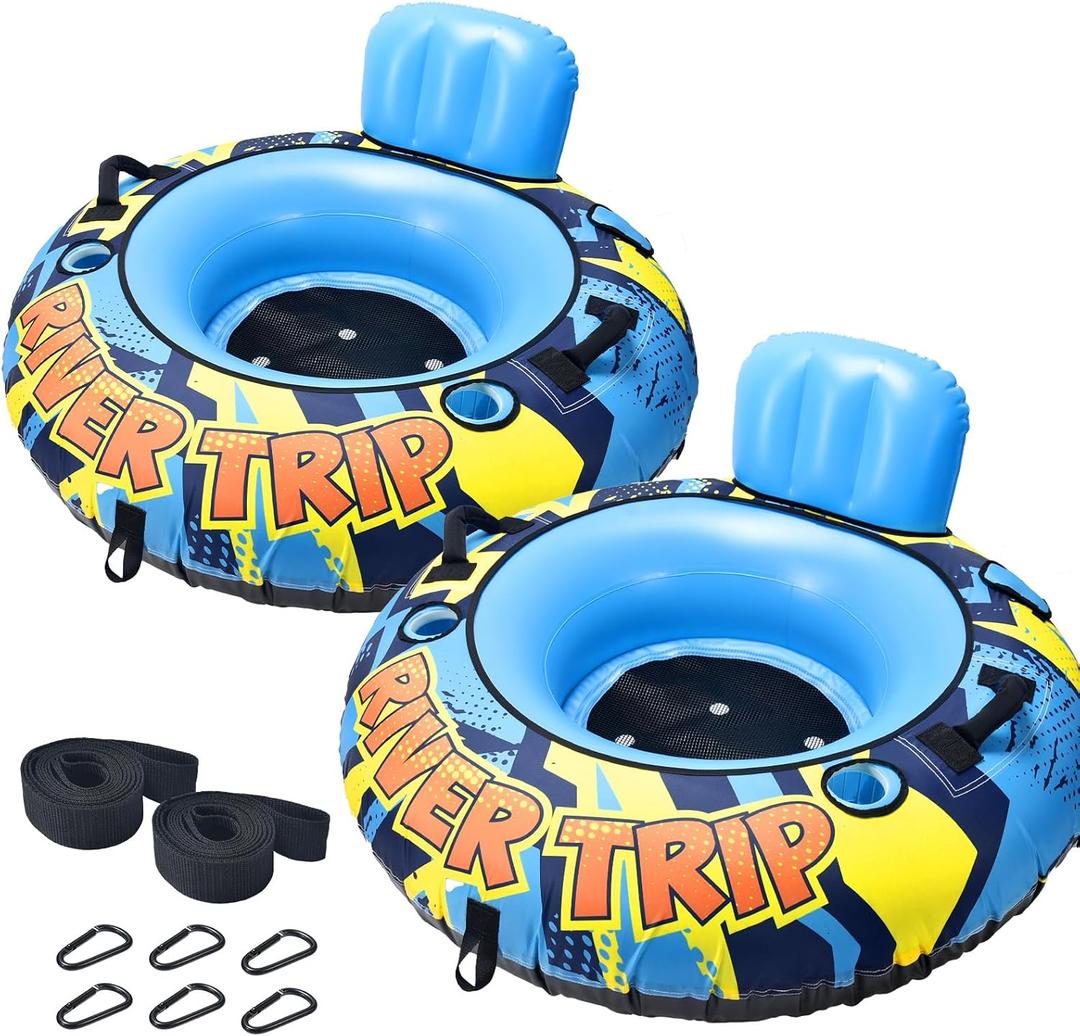 53" Heavy Duty River Tube With Premium Canvas Cover, Inflatable Water Tubes for Floating, Tubing Floats for Pool Lake, Rafts With 2 Cup Holders, 2 Grip Handles for Adults