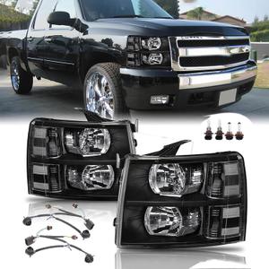 Headlights Assembly w/Bulb & Wiring Harness for 2007-2013 Chevy Silverado 1500, 07-14 Silverado 2500HD 3500HD Replacement Headlamp Assembly, Black Housing Clear Side