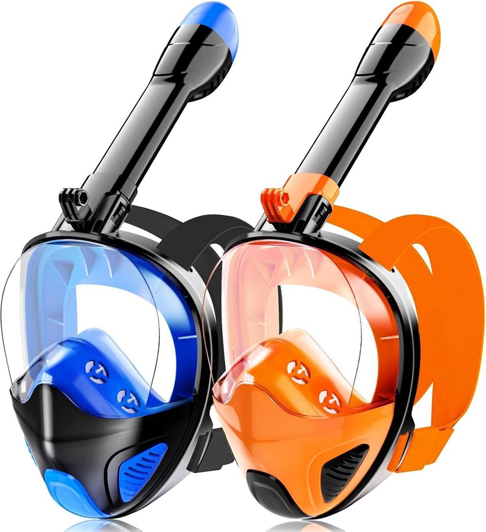 Full Face Snorkel Mask for Adults Teen, Snorkeling Gear with Detachable Camera Mount, Panoramic 180 View, Anti-Fog Anti-Leak Snorkling Set for Man and Women (Dark Blue+Black Orange-S/M)