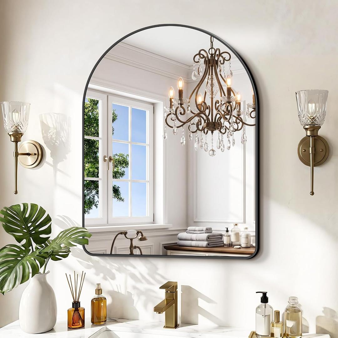 GLASHOM Arched Bathroom Vanity Mirror, 24"x30" Black Frame Wall Mirror