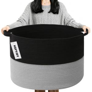 90L Large Blanket Basket,Woven Laundry Basket-Black&Light Grey