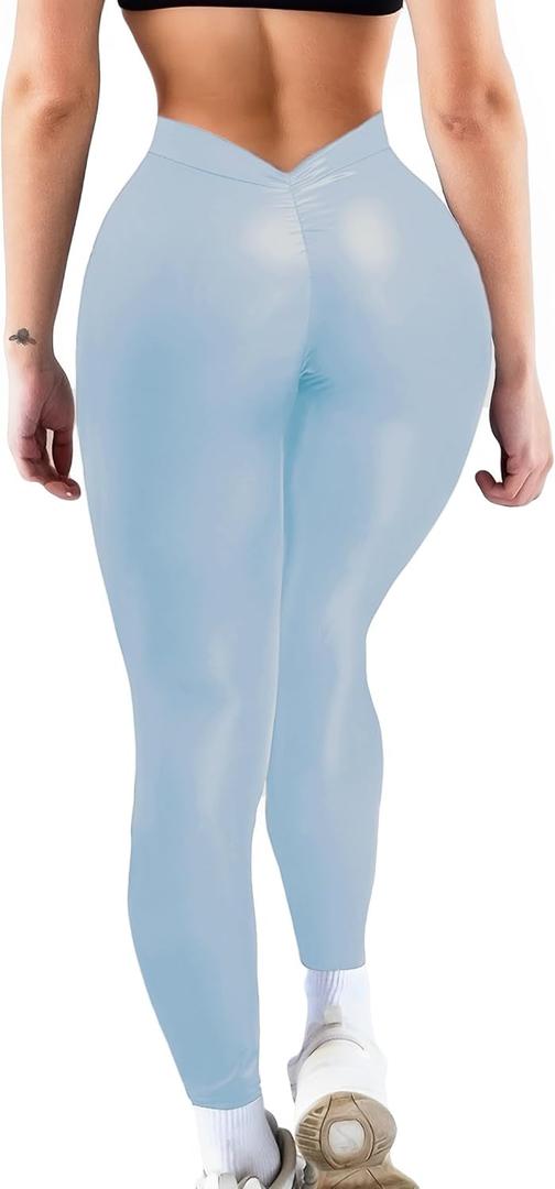 Faux Leather V-Back Leggings for Women High Waisted Tummy Control Sexy Fashion Ruched Butt Stretch Pu Pleather Tights (Blue, S)