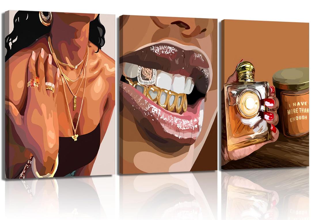 3Pcs Trendy Black Girl Canvas Wall Art Fashion African American Women Pictures Abstract Luxury Female Poster Prints Painting Wall Decor for Living Room Bedroom Bathroom 16x24in Framed