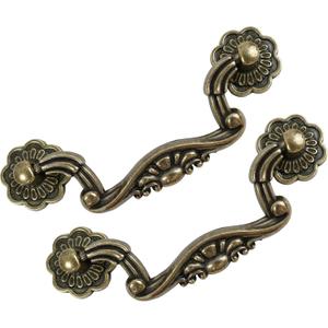 6-Pack Antique Brass Drop Bail Pulls for Cabinets, 3" Hole Centers, Vintage Floral Decorative Handles for Dresser Drawers, Wardrobe Cupboards
