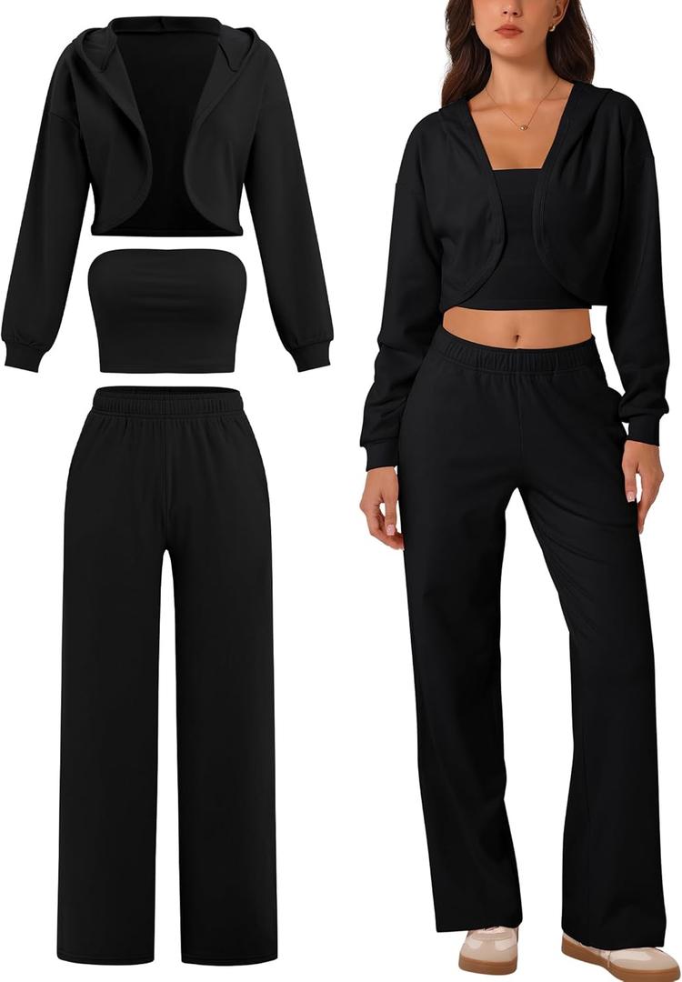 ABOCIW Womens 3 Piece Outfits Brushed Jersey Long Sleeve Hooded Cropped Shrug Bandeau Top Wide Leg Sweatpants Tracksuit (Small, Black)
