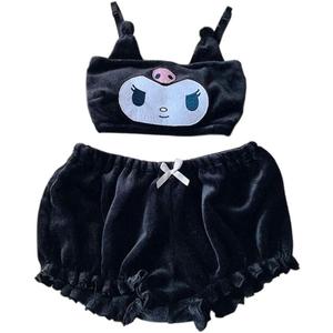 BZB Kawaii Anime Cute Pajamas Set for Women Sweet Lovely Velvet Tube Top and Shorts Two Piece Cartoon Sleepwear Sets (XX-Large, Black)