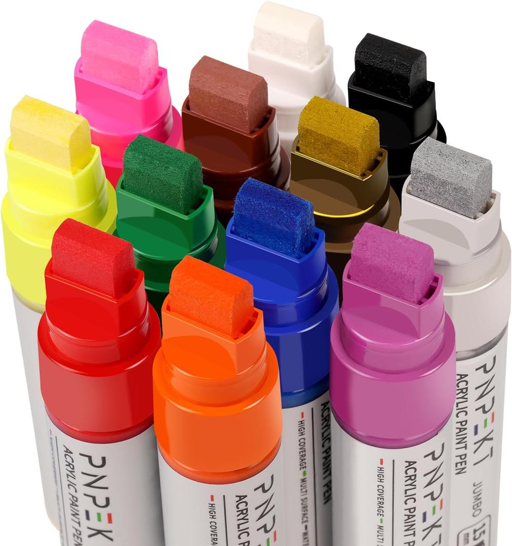 Jumbo Acrylic Paint Markers - 15mm Felt Tip 12 Color Graffiti Markers Water Based Paint Pens For Rock PaintingWood, Rock,Plastic and Almost All Solid Surfaces,Marker Pen Set For Artists, Students