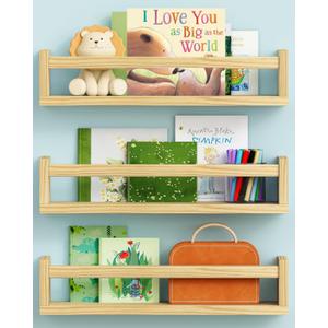 Floating Nursery Book Shelves for Wall, Natural Wood Wall Bookshelf for Kids Room Bedroom, Small Wooden Hanging Baby Book Shelf and Toy Organizer for Nursery Girl Boy Toddler Child - Set of 3 (16.5 Inch Long)