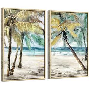Abstract Palm Tree Paintings Framed: Tropical Seaside Coconut Tree Canvas Painting Golden Framed for Living Room (24''W x 36''H x 2 PCS, Multi-Sized)