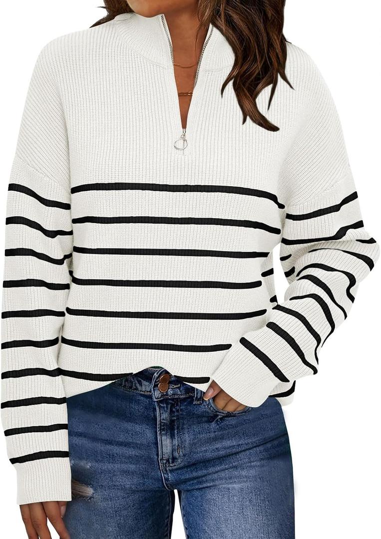 LILLUSORY Women's Quarter Zip Striped Oversized Sweater 2026 Mock Turtleneck Fall Fashion Outfit (Medium, White-black)