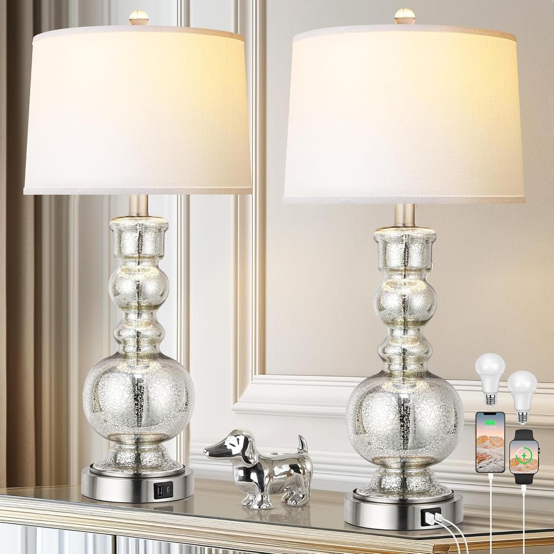 3-Way Dimmable Touch Control Mercury Beaded Ball Glass Lamps Set of 2 for Bedroom with USB A+C Contemporary Silver Living Room Lamps Modern Nightstand Lamps with White Lampshades(Bulbs Included)