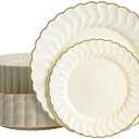 Brolifon 25pcs Ivory Thanksgiving Plastic Plates With Gold Rim, 10in Dinner Plate and 7in Dessert Plate Disposable Elegant Scalloped Plates for Party, Wedding