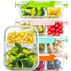 UMEIED Glass Meal Prep Containers 2 Compartment with Lids (5 Pack, 36oz), Divided Glass Storage Containers for Lunch at Work, Leak-Proof Portion Control Food Containers, Microwave/Dishwasher Safe
