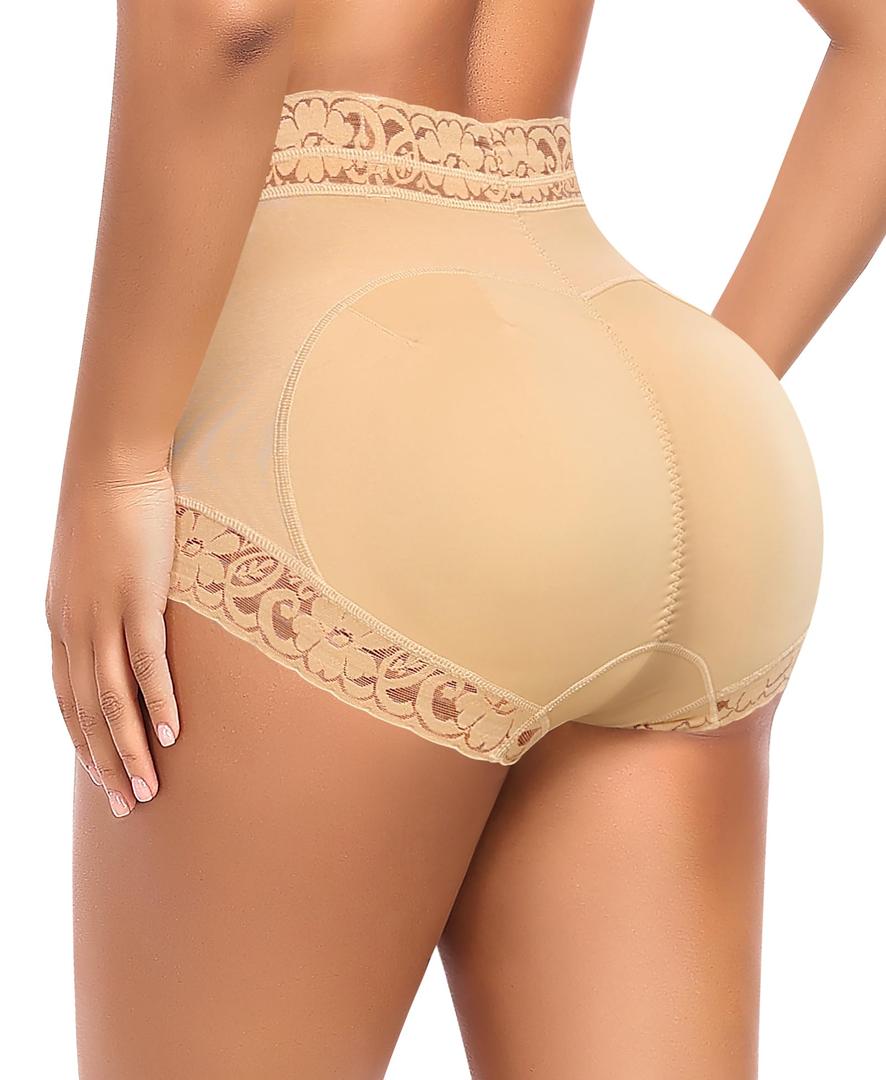 DERCA Butt Lifting Panties Padded Underwear for Women Booty Pads Butt Enhancer Lace Shapewear Panty (#D115 Beige-cp4,Small)