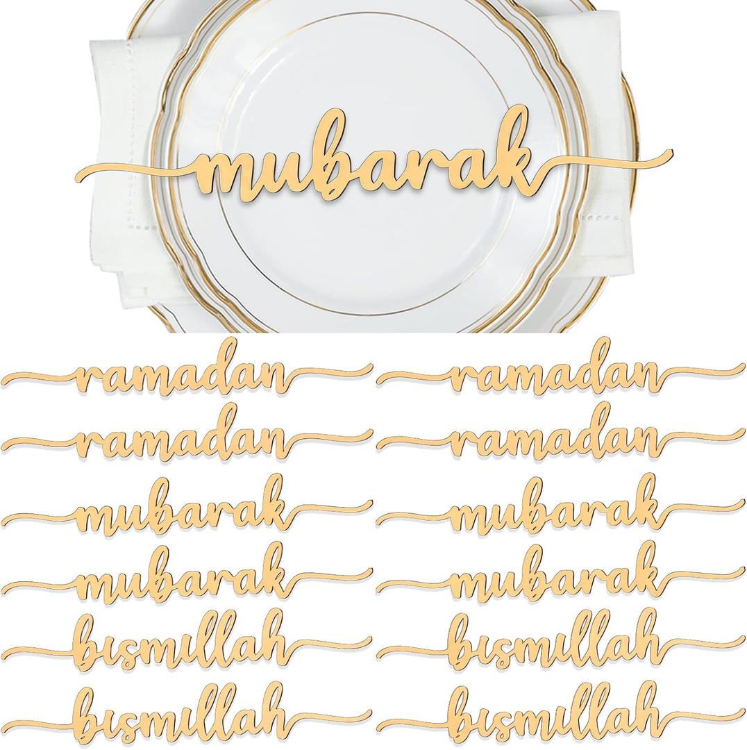 Queekay 12 Pieces Ramadan Wood Sign Ramadan Mubarak Plate Setting Plate Sign Kareem Wooden Ornament Islamic Table Decor for Eid Mubarak Islamic Home Party Decor(Classic Style)