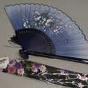 OMyTea "Grassflowers 8.27"(21cm) Hand Held Folding Fans - With a Fabric Sleeve for Protection for Gifts - Chinese/Japanese Vintage Retro Style (Blue)
