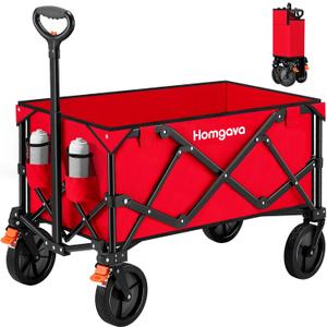 Collapsible Folding Wagon Cart with Brakes 150L, Heavy Duty Garden Cart with All Terrain Wheels,Portable Large Capacity Utility Wagon for Camping Fishing Sports Shopping, Red