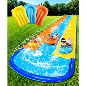 Water Slides for Kids Backyard, 23ft*82in Extra Long Wide 3Lane Slip and Slide with Upgraded Surround Sprinkler System with 3 Bodyboards, Thickened PVC Water Slide for Outdoor Summer Party Play