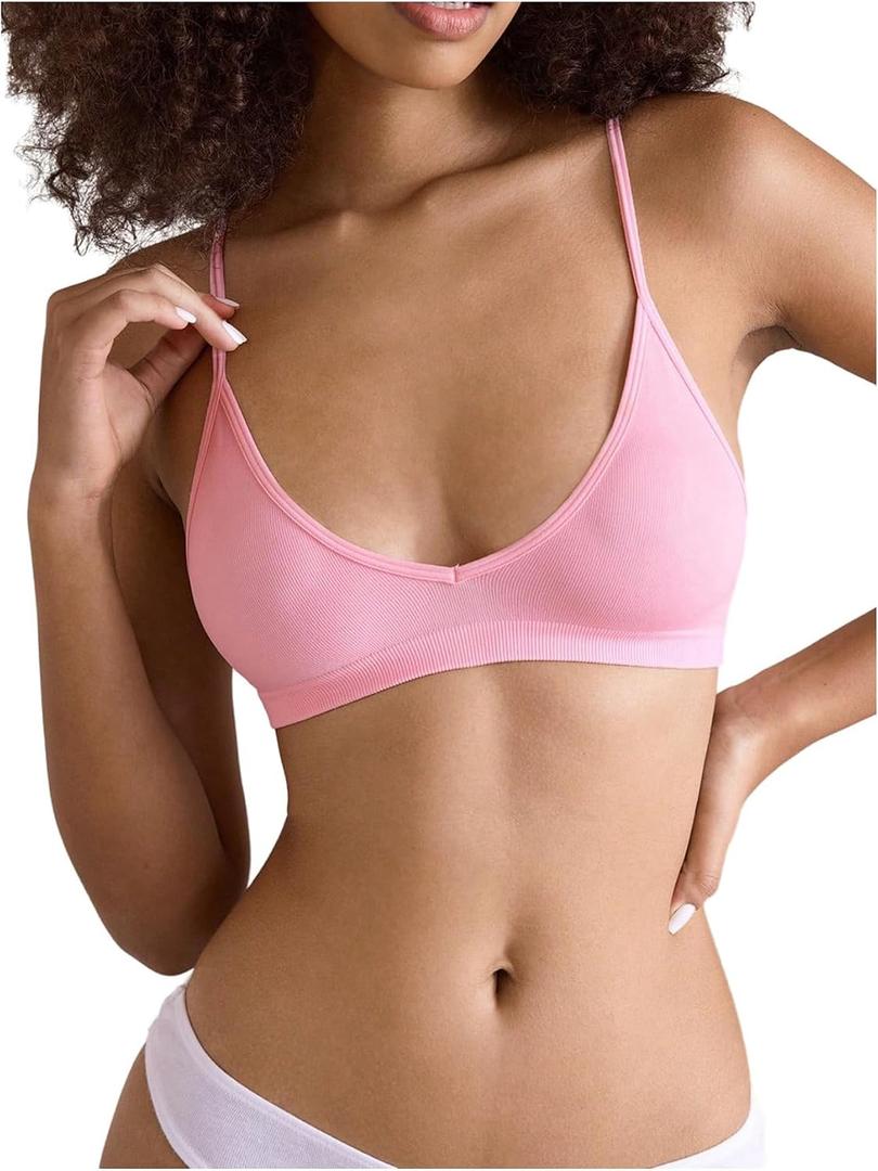 SOLY HUX Bras for Women Wireless Bra V Neck Comfort Everyday Bralette (Pink, M)
