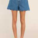 Women High Waisted Denim Shorts Elastic Back Waist Loose Fit Wave Hem Summer Casual Jean Shorts with Pockets (Blue, L)