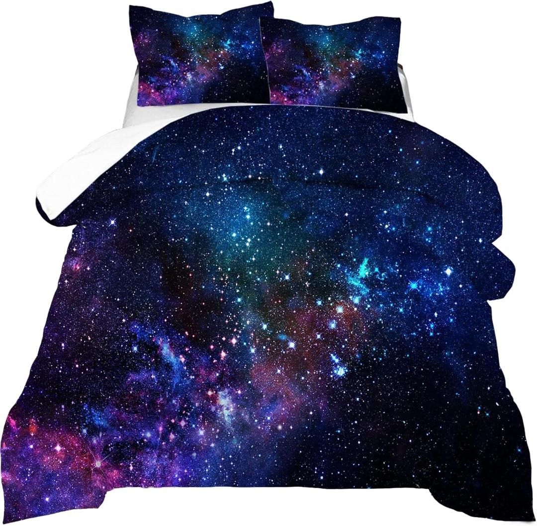 kxry Blue Purple 3D Galaxy Comforter Set Queen Size Outer Space Starry Sky Universe Bedding Sets for Girls Teens Kids 1 Comforter + 2 Pillow Cases
