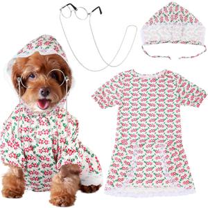 3 Pieces Old Lady Costume for Dog Grandma Puppy Old Lady Dog Costume Set Halloween Dogs Outfits Include Floral Dress Hat Decorative Retro Sunglasses for Halloween Pet Cosplay Party (XL)