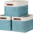 DULLEMELO Storage Baskets for Shelves, Fabric Collapsible Rectangular Storage Bins for Shelves, Closets, Nursery, Home, Empty Gift Baskets (3-Pack Medium-15 inch X 11 inch X 9.5 inch , White&Teal)