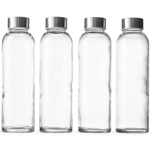Epica Clear Glass Bottles with Lids, 18oz Resuable Glass Water Bottles for Juicing with Stainless Steel Cap to store Milk, Smoothie, etc., 100% Leak Proof, Durable and Dishwasher Safe (Set of 4) + Wine Opener