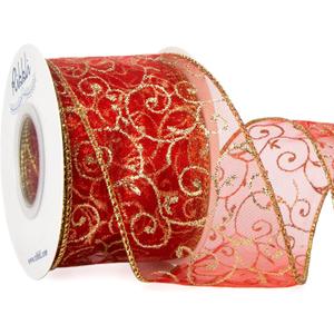 Ribbli Swirl Glitter Wired Ribbon, Red Organza Sheer with Gold Glitter Swirl Pattern and Gold Metallic Edge,2-1/2Inch x 10Yards Christmas Ribbon for Tree Decoration