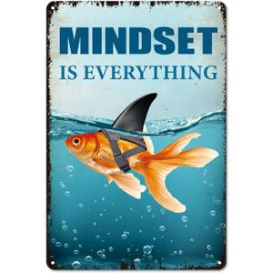 Goldfish Shark Tin Sign 8x12 Inch Mindset is Everything Poster Ocean Theme Vintage Metal Tin Sign Wall Art for for Home Bars Restaurant Kitchen Cafe Club Decoration