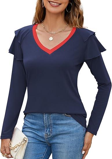 SENFURE Women Long Sleeve V Neck Tops Slim Fitted T Shirt for Women Ruffle Sleeve Tunic Blouse Fall Winter Sweatshirt Navy S