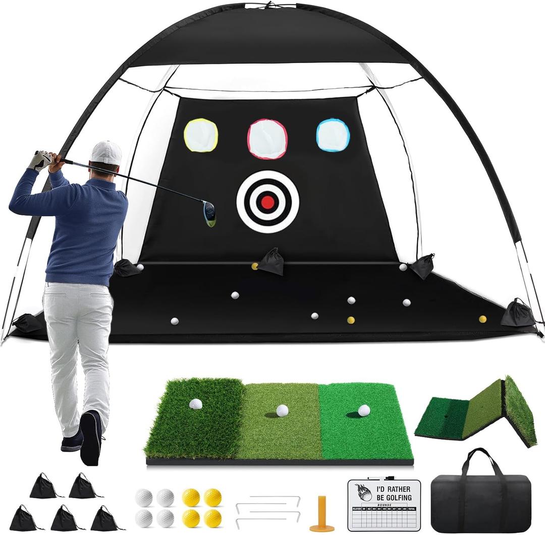 Golf Net, 10x7ft Golf Hitting Aid with Foldable Tri-Turf Mat, Designed for Outdoor & Indoor Use, Practice Nets for Backyard Driving Real Balls, Ideal Gifts for Men Dad Husband & Golfers