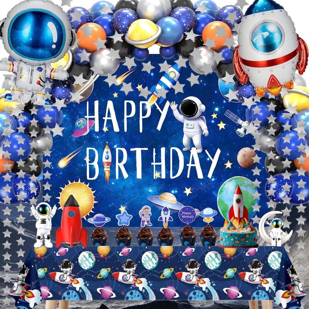 Outer Space Birthday Party Decorations 96PCS Set with Backdrop, Table Cover, Star Garland, Rocket & Astronaut Foil Balloons, Cake Topper, Latex Balloons for Kids Party