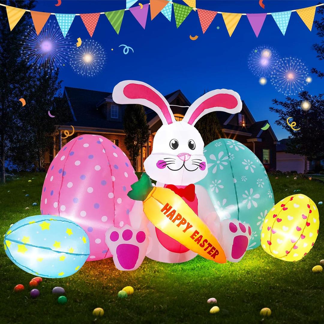 Elegear 6.1FT Easter Bunny & Eggs Inflatable Outdoor Decoration, Lighted Easter Blow Up with Happy Easter Carrot for Lawn, Garden, Yard, Holiday Party & Spring Decor