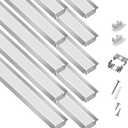 10-Pack 6.6ft/2Meter Silver Recessed LED Aluminum Channel for LED Strip Lights Diffuser Channel with Milky Cover End Caps and Mounting Clips, Flush Mounted LED Track for Ceiling Under Cabinet Closet