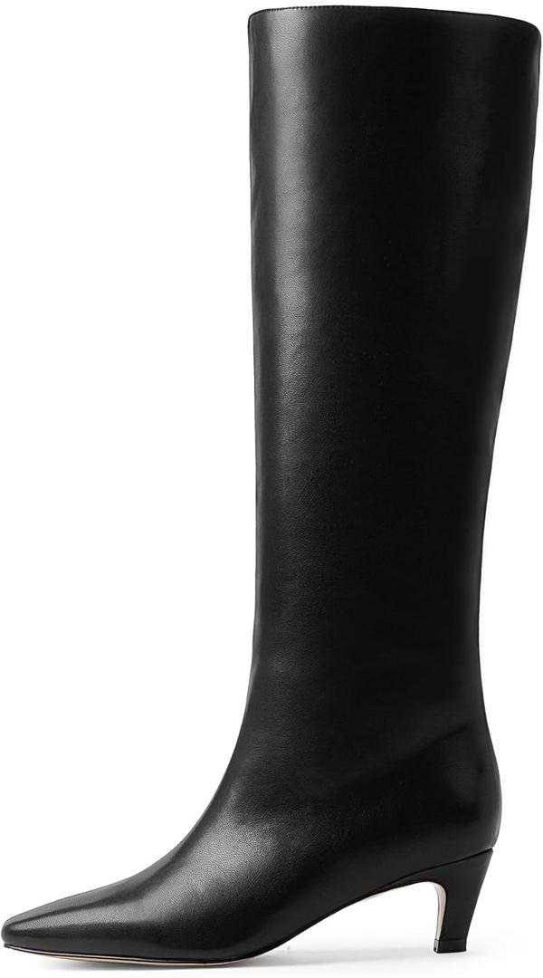 Modatope Knee High Boots Women Square Toe Kitten Heel Tall Boots Womens Fashion Long Boots (7, Pu Black)
