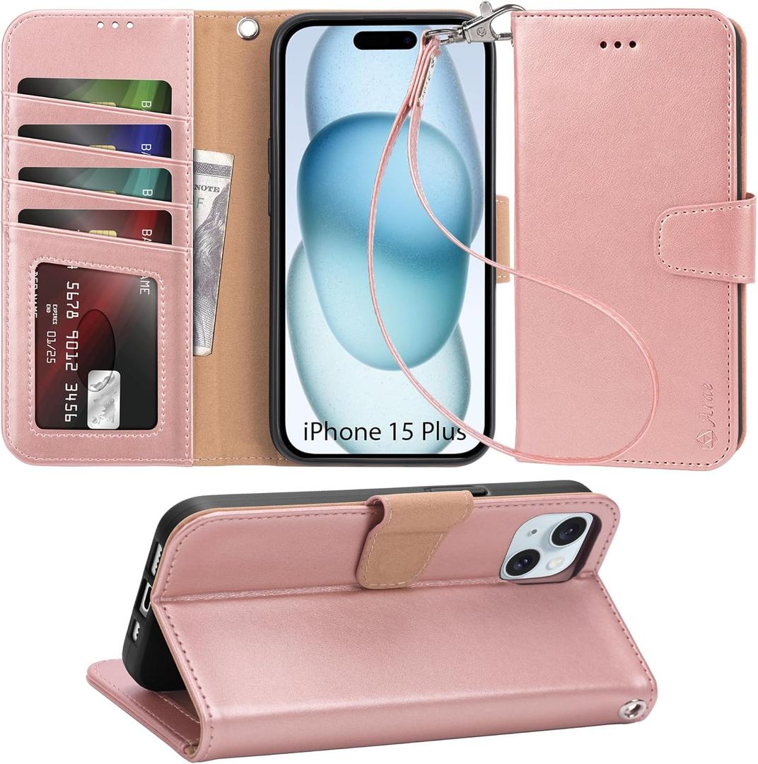 Arae Compatible with iPhone 15 Plus Case with Card Holder and Wrist Strap Wallet Flip Cover for iPhone 15 Plus 6.7 inch,Rose Gold