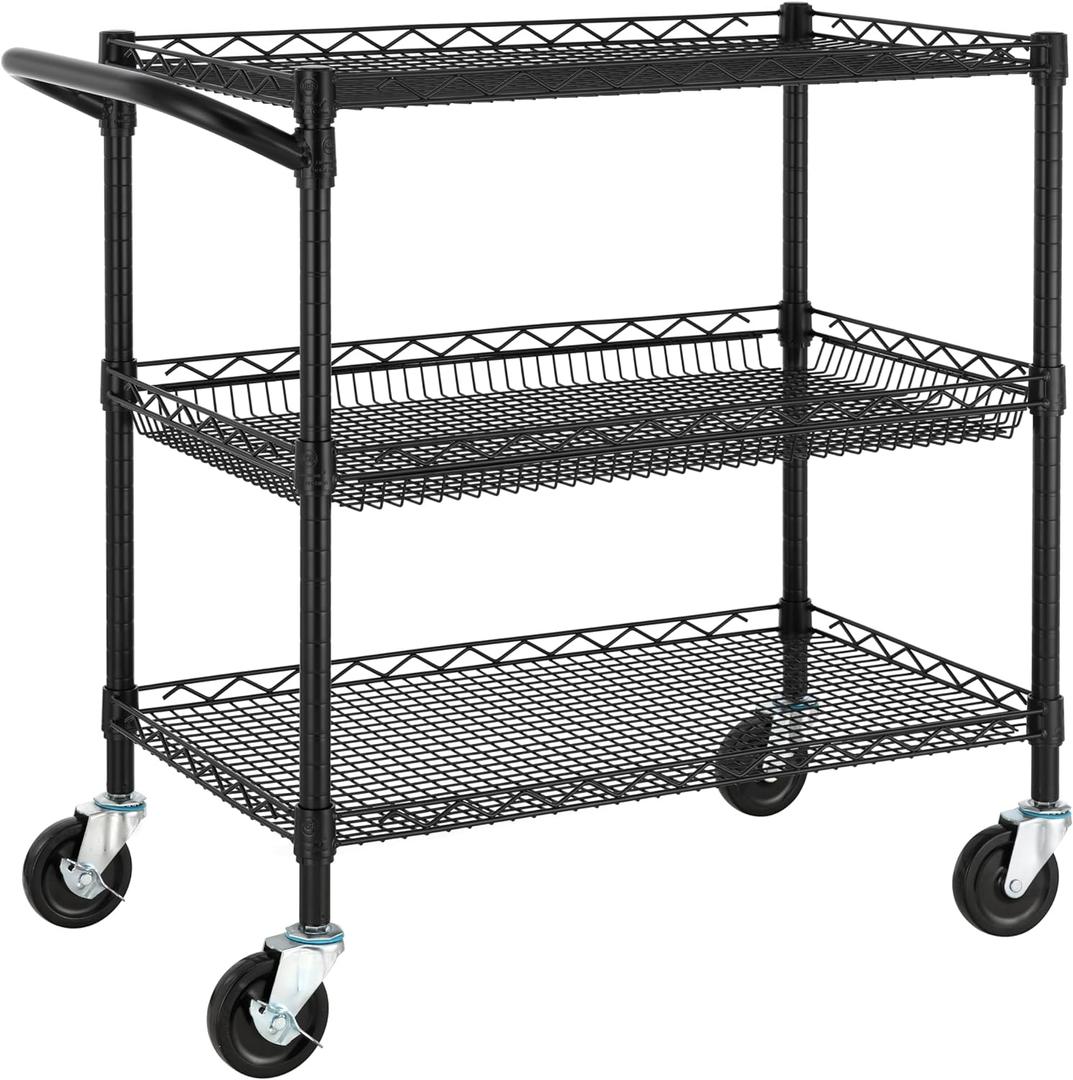 Finnhomy 3 Tier Heavy Duty Commercial Grade Utility Cart, Wire Rolling Metal Trolley with Handle Bar, Steel Kitchen Service Cart with Wheels, Food Storage Trolley on Wheels, NSF Listed, Black