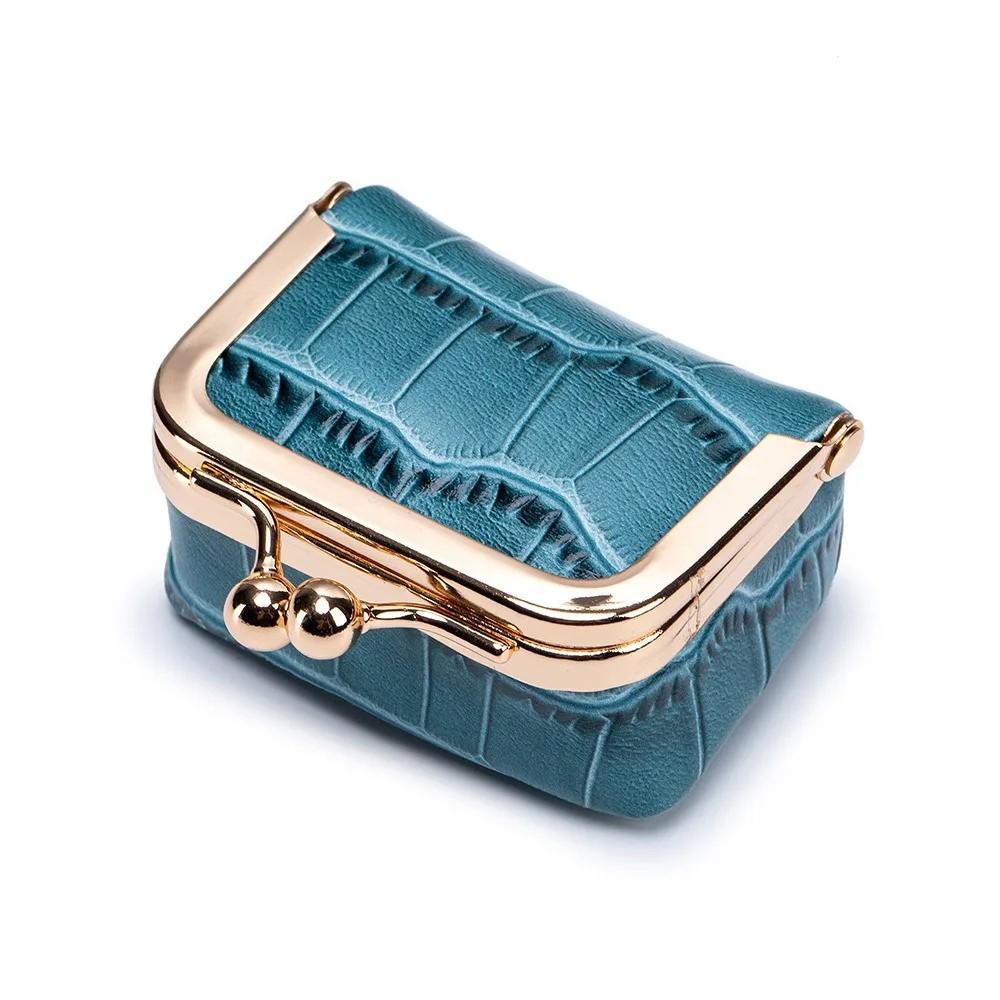 Genuine Leather Mini Jewelry Box & Coin Purse for Women, Travel Jewelry Case with Kiss Lock, Holds Earrings, Rings, Necklace, Bracelet, Coins (Black)