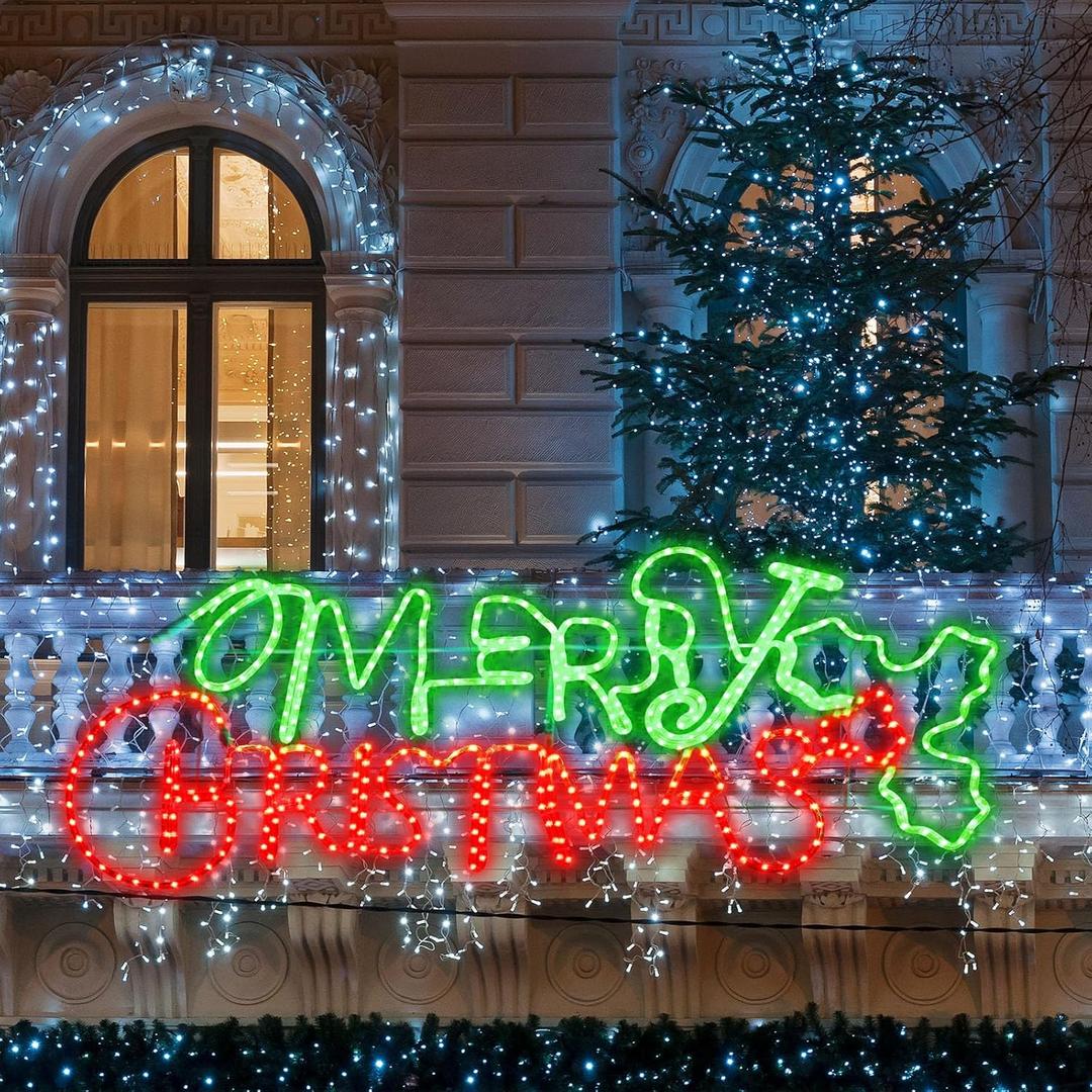Rossesay Lighted Merry Christmas Sign Decoration Extra Large Green and Red LED Neon Pre Lit Display Outdoor Christmas Yard Decoration Garden Waterproof, 48 x 19.7 Inches (49 Inches, Classic)