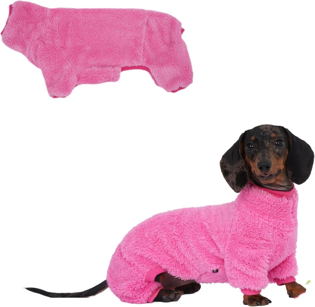 Dachshund Dog Fleece Jumpsuit Turtleneck Sweater, Suitable for Dachshunds, Winter Soft Cozy Dog Pajamas Clothes (Neon Pink, X-Small)
