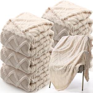 Buryeah 6 Pcs Wedding Guests Throw Blanket Bulk 50" x 60" Jacquard Argyle Throw Textured Solid Soft Throws and Blankets for Sherpa Sofa Bed Knitted Decorative(Ivory)