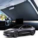 REEVAA 2025 Upgraded Tesla Model 3 Highland Sunshade Windshield [Tailored Fit, 99% Sun Protection] Foldable and Easy-Use Sunshade Accessories with Storage Bag Fit Model 3 2016-2025, Silver Coating