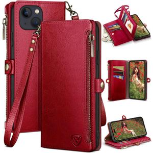 XcaseBar for iPhone 15 6.1" Wallet Case with Zipper Credit Card Holder RFID Blocking, Flip Folio Book PU Leather Shockproof Strap Protective Cover Women Men for Apple 15 Phone Case Red