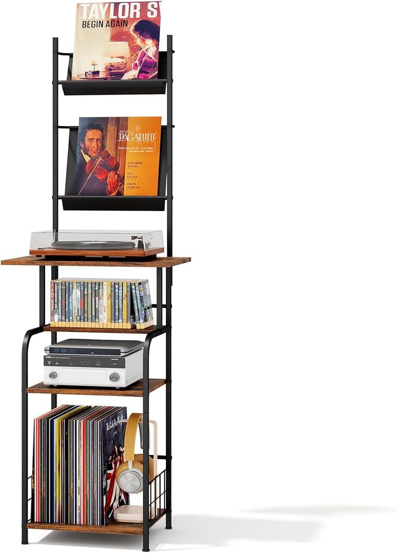 Record Player Stand with Vinyl Storage - 6-Tier Turntable Table with Adjustable Feet, Metal & Wood Cabinet - Console Organizer Display Shelf for Living Room, Apartment