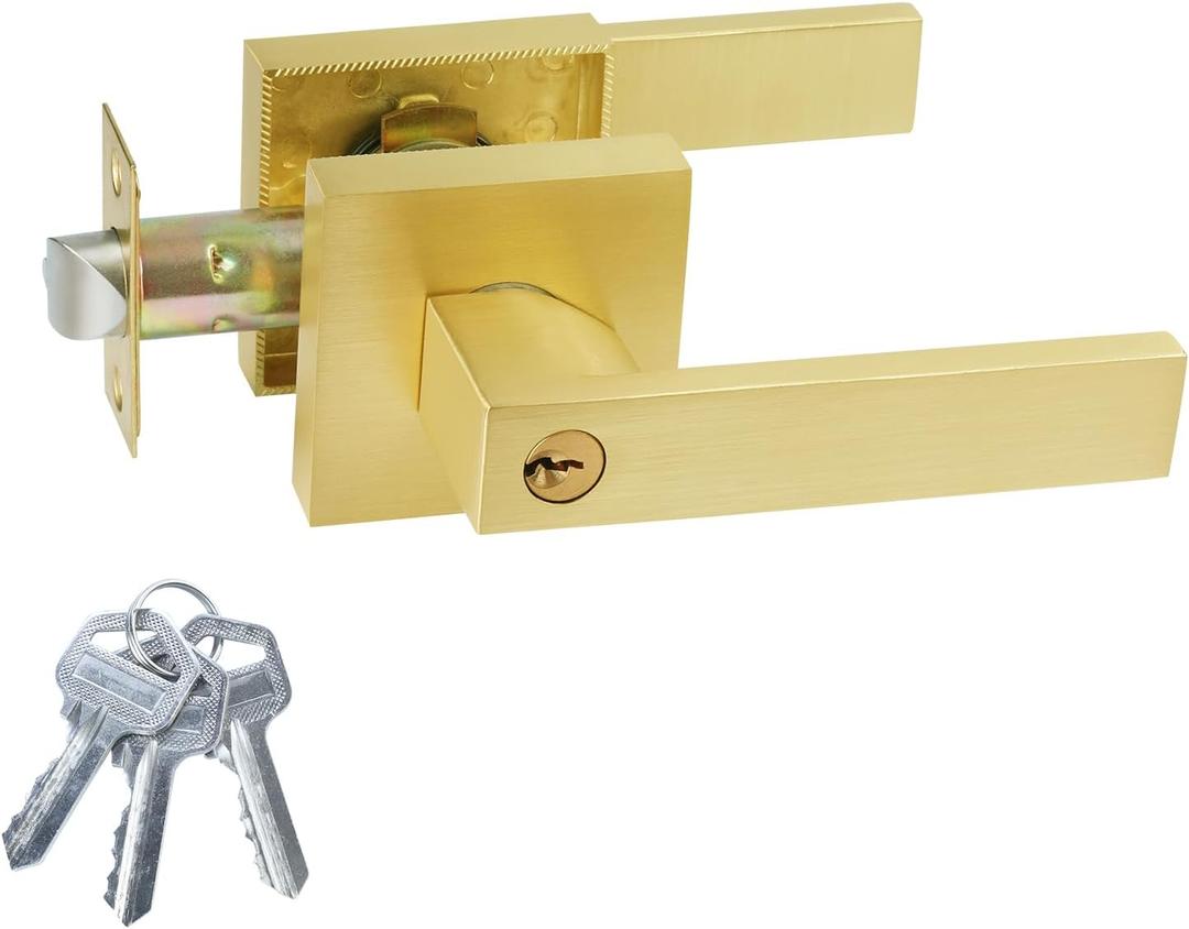 JO.KO Golden Door Handles with Lock and Keys,Brushed Golden Door Knobs,Satin Brass Door Handle Set,Interior/Exterior Door Lever for Bedroom Bathroom,Front Doors (1 Pack)