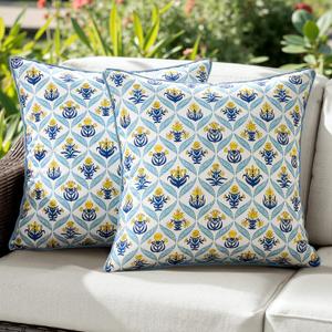 ANRODUO Floral Outdoor Waterproof Pillow Covers Set of 2 Yellow 20x20 Inch | Square Block Print Decorative Cushion Cases With Refined Edge Piping for Summer Patio Porch Garden Couch Sofa Bench Decor