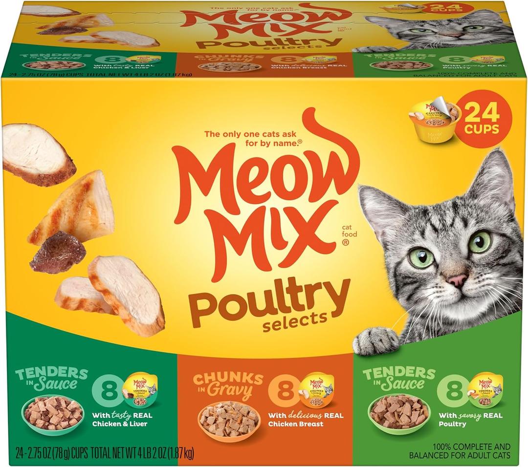 Meow Mix Poultry Selections Variety Pack, Wet Cat Food, 2.75 oz Cup (24 Pack), BB: AUG 15,2027